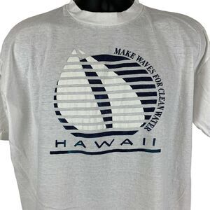 Vintage 80s Make Waves For Clean Water Hawaii T Shirt White Sailing Mens L Large